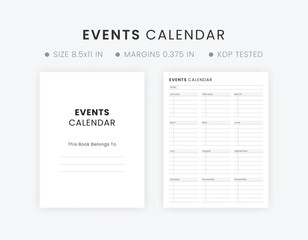 Entertainment Events Calendar Template Printable Letter Size Black and White Color Vector File Download