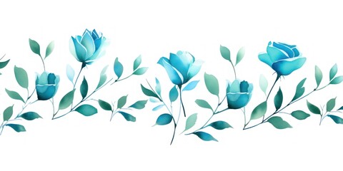Turquoise roses watercolor clipart on white background, defined edges floral flower pattern background with copy space for design text or photo backdrop minimalistic  - obrazy, fototapety, plakaty