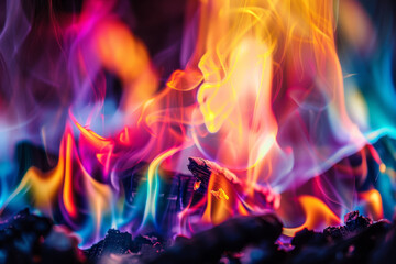 A fire with colorful flames, creating a vibrant and dynamic scene