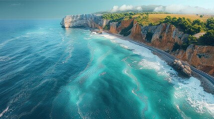A coastal highway with waves crashing against cliffs in the summer, aerial top view. Generative AI.