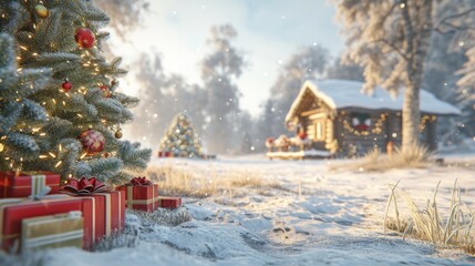 A snowy Christmas landscape with a cabin in the distance and a decorated Christmas tree in the foreground.