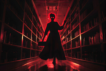 Creepy neon silhouette of librarian in deserted library isolated on black background. - obrazy, fototapety, plakaty