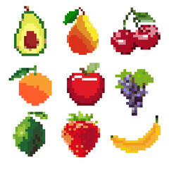 Fruits icons set. Pixel art. Old school computer graphic style. Games elements. Embroidery.