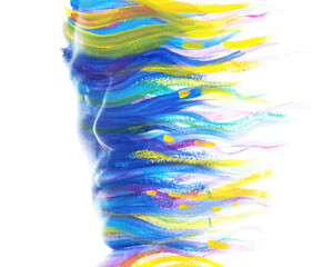 A colorful profile silhouette paintography of a man looking to the side - 779032412