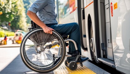 UM HOMEM EM UMA CADEIRA DE RODAS ENTRANDO EM UM &Ocirc;NIBUS POR UM ELEVADOR PARA PESSOAS COM DEFICI&Ecirc;NCIA