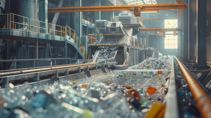 A modern plastic recycling plant with sorting machines and shredders, momentarily paused but ready to recycle plastic waste into reusable materials
