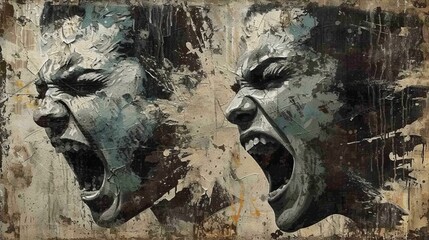 Two screaming human faces with grunge texture - obrazy, fototapety, plakaty
