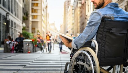 DETALHE DA LATERAL DE UMA PESSOA EM UMA CADEIRA DE RODAS CIRCULANDO EM UMA CIDADE COM ACESSIBILIDADE E MOBILIDADE URBANA