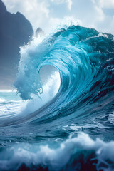 Majestic turquoise wave cresting with dynamic energy, Generative AI