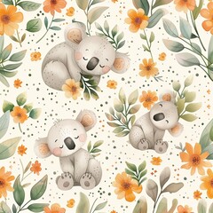 Lovely, pretty watercolor seamless pattern of koala bear and flowers, leaves, mushrooms. For fabric, silk, printing.