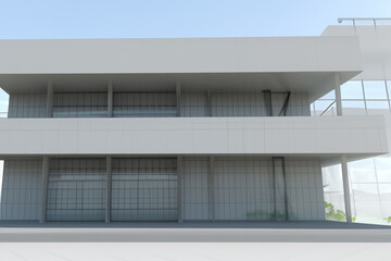 Architecture. 3d render of industrial plant with many pipes and valves. Modern office building with windows and balconies.  Industrial robot in factory. 