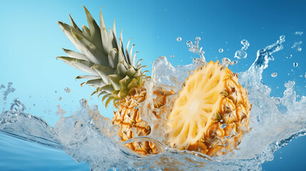 Morceaux de fruits, ananas sur un fond bleu avec éclaboussure d'eau. Fruit, sain, délicieux, sucré. Jus de fruit, dessert. Pour conception et création graphique. - obrazy, fototapety, plakaty