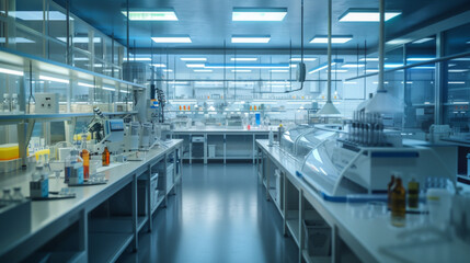 A bustling food quality control laboratory with testing equipment and sensory evaluation booths, momentarily still but ready to ensure the safety and quality of food products