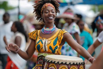 Juneteenth. a woman is playing a drum in a crowd of people. Generative AI