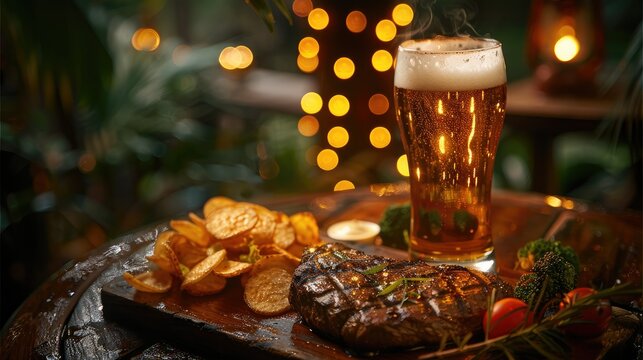 A lager in a draught glass in a jungle setting with a sirloin steak and chips next to it, condensation on the beer glass. Generative AI.