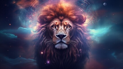 Illustration with zodiac sign lion in cosmic space. Portrait of lion. Generative AI.