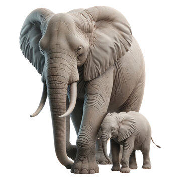 3D render A large elephant is walking with a baby elephant, 3D render, isolated on a transparent background