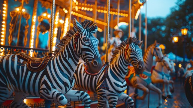Luminous closeup of carousel zebras, circus parade with clowns and jugglers in soft light