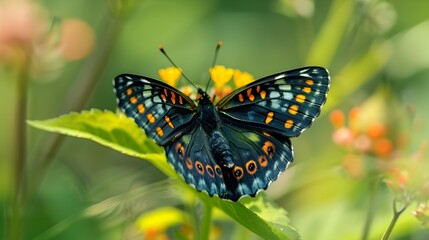 Naklejka premium Vibrant Butterfly Resting on Wildflower,Showcasing Intricate Wing Patterns in Nature