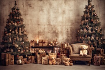Fototapeta na wymiar Cozy Christmas Scene. A Teddy Bear's Winter Wonderland