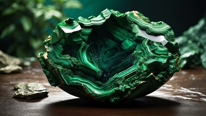 Vibrant green malachite slice with intricate pattern displayed on a wooden base in a natural setting - obrazy, fototapety, plakaty