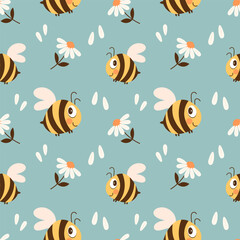 Seamless pattern with cute bee and chamomile flowers on a pastel background. Vector