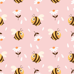 Seamless pattern with cute bee and chamomile flowers on a pastel background. Vector - obrazy, fototapety, plakaty