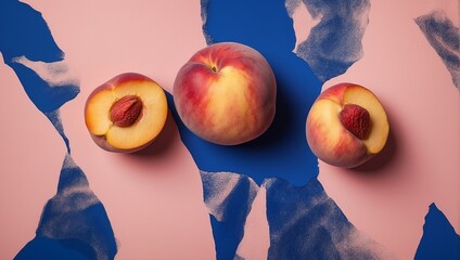 Colorful imagery of ripe peaches creatively presented with a contrasting torn paper background