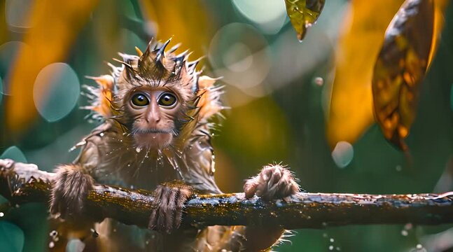 Cute monkey drenched in rain water