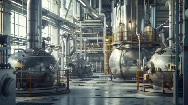 A busy chemical production plant with mixing vessels and purification systems, currently dormant but ready to manufacture chemicals for various industries