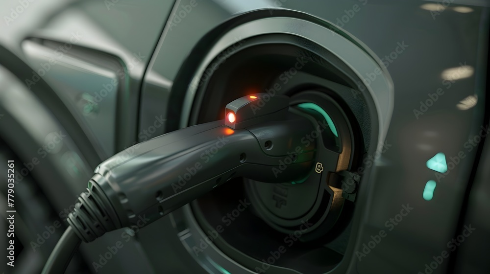 Poster macro view of electric car charging port connecting with power plug and tactile feedback indicators