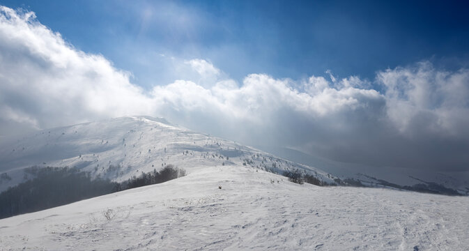 Panorama landscape of Vysokyi Verkh (High Top) mountain in Ukraine
