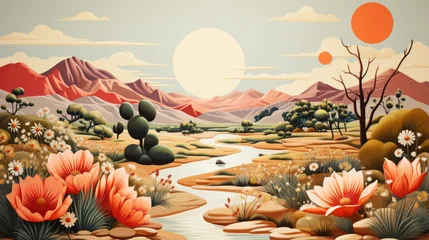 Foto op Aluminium Retro illustration of a desert landscape with mountains, cacti, and a river running through it © Adobe Contributor
