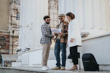 Three young professionals engage in a business discussion outdoors, analyzing documents and strategizing in the city.