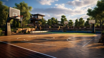 A photo of a backyard basketball court.