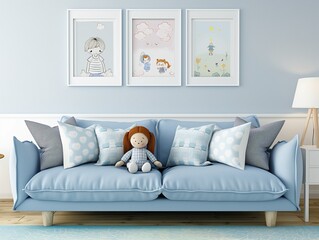 Blue sofa and doll,cute pillows in an elegant child's room with posters on the wall.