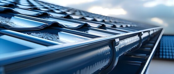 Modern Roof Gutter System on a Rainy Day. Concept Rainy Weather, Home Maintenance, Modern Design, Exterior Features, Water Management
