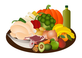 Dieta mediterránea con frutas, verduras, hortalizas, carnes, pescados, frutos secos y aceite de oliva virgen extra - obrazy, fototapety, plakaty