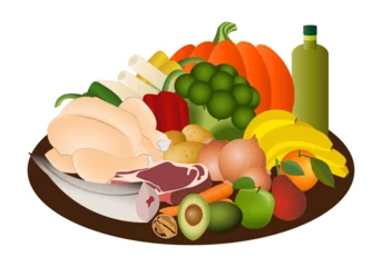 Foto op Aluminium Dieta mediterránea con frutas, verduras, hortalizas, carnes, pescados, frutos secos y aceite de oliva virgen extra © Montse