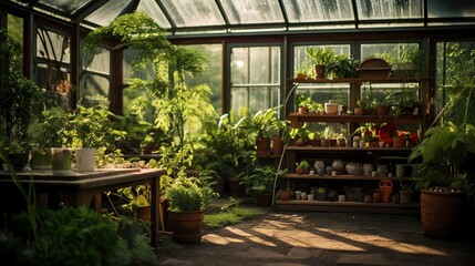 A photo of a backyard greenhouse with plants. - obrazy, fototapety, plakaty