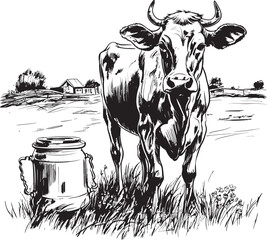 Milky Meadows Cow with Milk Can Farm Emblem Organic Oasis Grass Farm Vector Logo with Dairy Cow