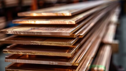 Copper flat bars, clean and polished, stacked in industrial warehouse. Generative AI.