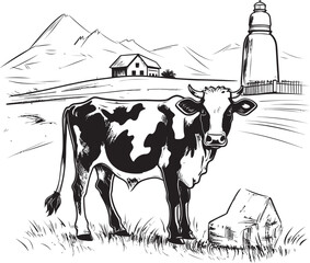 Wholesome Harmony Vector Logo Design with Cow, Milk Can, and Serene Grass Farm Rural Riches Cow and Milk Can Emblem in Picturesque Grass Farm Setting