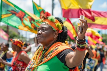Juneteenth. a woman in a colorful outfit is holding a flag in a parade. Generative AI