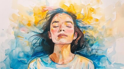Watercolor Painting of Woman in Serene Self-Care - obrazy, fototapety, plakaty