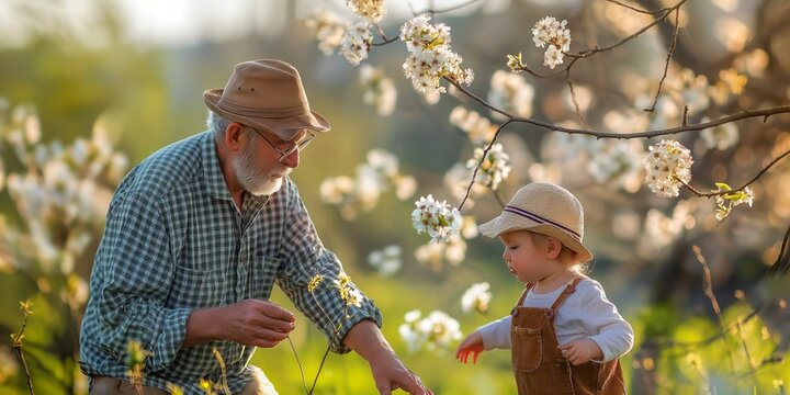 A senior grandfather and toddler grandson are standing in nature in spring.