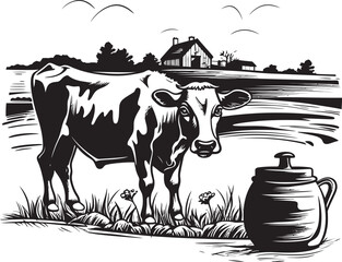 Nourishing Naturals Vector Logo Design with Cow, Milk Can, and Natural Landscape Country Charm Cow, Milk Can, and Grass Vector Logo