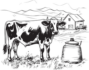 Tranquil Dairy Retreat Vector Logo with Cow, Milk Can, and Tranquil Grass Happy Holstein Haven Cow, Milk Can, and Grass Emblem in Vector Logo