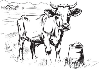 Country Charm Cow, Milk Can, and Grass Vector Logo Blissful Bovine Haven Vector Logo with Cow, Milk Can, and Scenic Grass