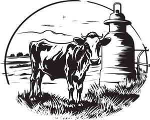 Meadow Marvel Cow, Milk Can, and Grass Vector Design Verdant Valley Visions Vector Logo with Cow, Milk Can, and Picturesque Grass